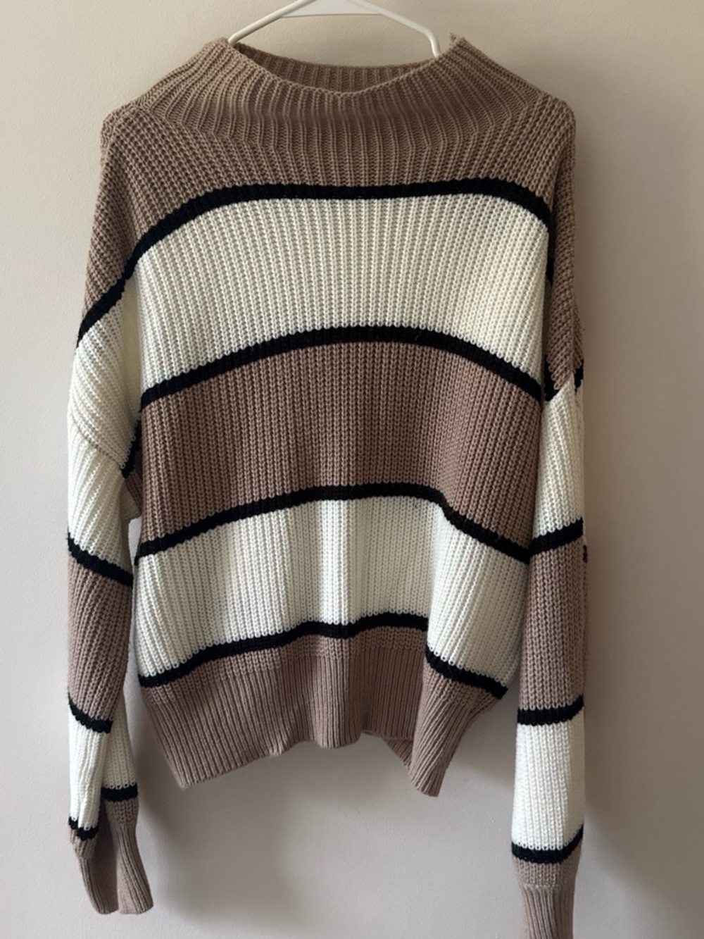 Striped Crewneck Sweater in Beige and White